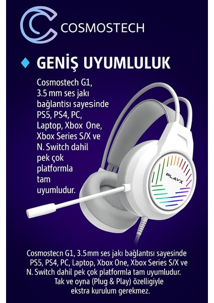 G1 Rgb Işıklı Kafaüstü Gaming Kulaklık Beyaz – 3.5mm Jack, Ergonomik Mikrofon, Ps5 – Ps4 – Pc – Xbox – Switch Uyumlu fırsatları