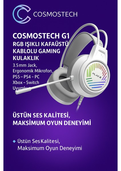G1 Rgb Işıklı Kafaüstü Gaming Kulaklık Beyaz – 3.5mm Jack, Ergonomik Mikrofon, Ps5 – Ps4 – Pc – Xbox – Switch Uyumlu indirimleri