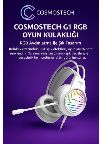 G1 Rgb Işıklı Kafaüstü Gaming Kulaklık Beyaz – 3.5mm Jack, Ergonomik Mikrofon, Ps5 – Ps4 – Pc – Xbox – Switch Uyumlu