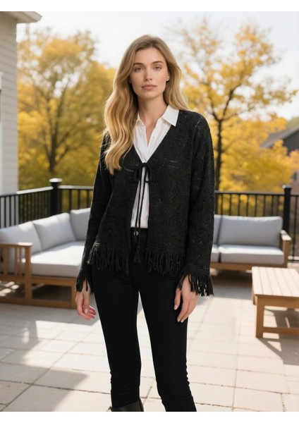 Kadın Çilek Desenli Triko Hırka Siyah