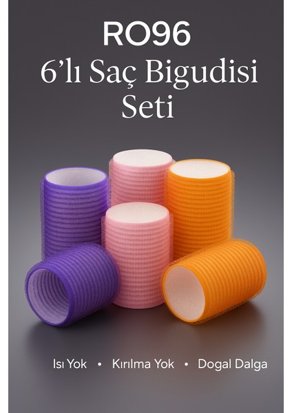 RO96 Isısız Saç Bigudisi Seti 6’lı – Mor Pembe Turuncu – Orta Boy – Doğal Dalga ve Hacim