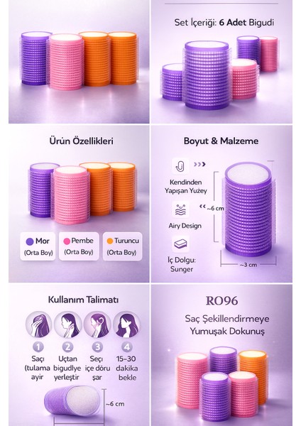 RO96 Isısız Saç Bigudisi Seti 6’lı – Mor Pembe Turuncu – Orta Boy – Doğal Dalga ve Hacim