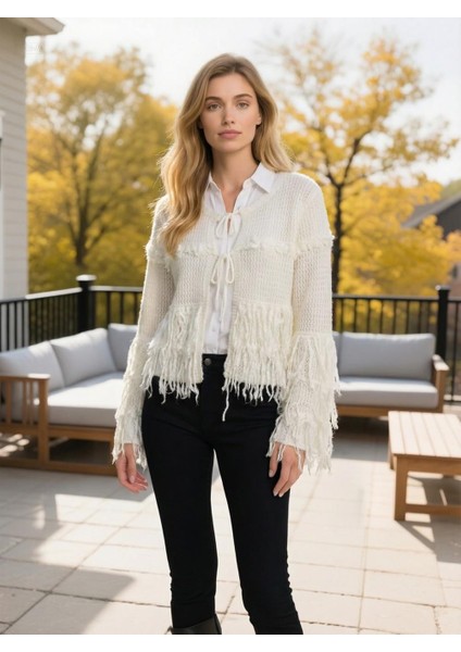 Kadın Püsküllü Triko Hırka Ekru