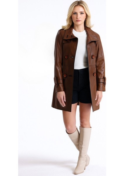 Luisa Hakiki Deri Kadın Kestane Karartma Trençkot