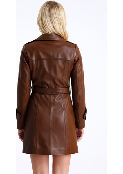 Luisa Hakiki Deri Kadın Kestane Karartma Trençkot modelleri