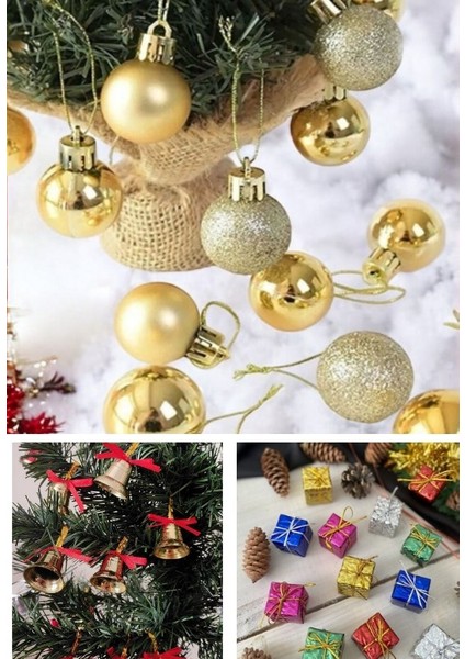 3 Lü Yılbaşı Seti-12'li Mini Hediye Paketi Süsü-12’li Gold Yılbaşı Ç.ağacı Topu-12'li Çam Ağacı Çan