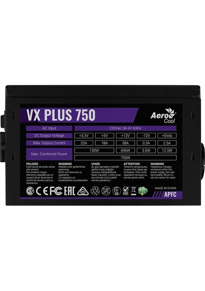 Aerocool AE-VXP750 Vx Plus 750W 58A Atx Aktif Pfc Power Supply