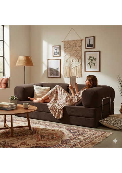 Meganest Modern Fitilli Kadife Kanepe| Yatak Olabilen, Dayanıklı Orta Sert Sünger, Yıkanabilir Kılıf