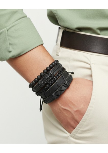 Yaşam Ağacı ve Sonsuzluk Siyah Figürlü 5'li Hakiki Deri Bileklik