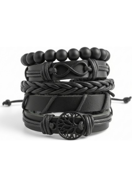 Yaşam Ağacı ve Sonsuzluk Siyah Figürlü 5'li Hakiki Deri Bileklik fırsatları