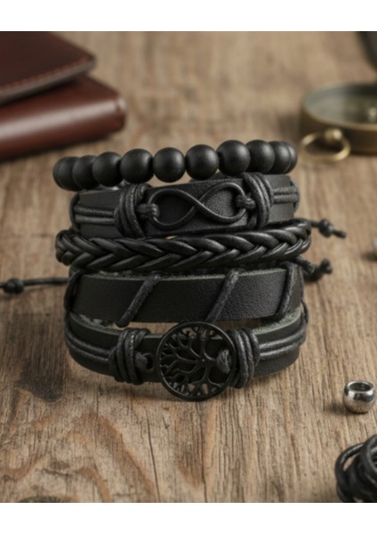 Yaşam Ağacı ve Sonsuzluk Siyah Figürlü 5'li Hakiki Deri Bileklik fiyatları