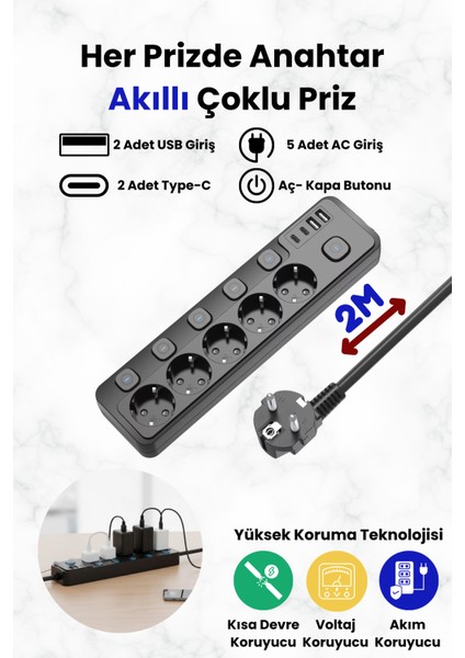5 Priz + 4 USB (2 Type-C) Akım Korumalı Anahtarlı Uzatma Kablosu – 2 Metre fırsatları