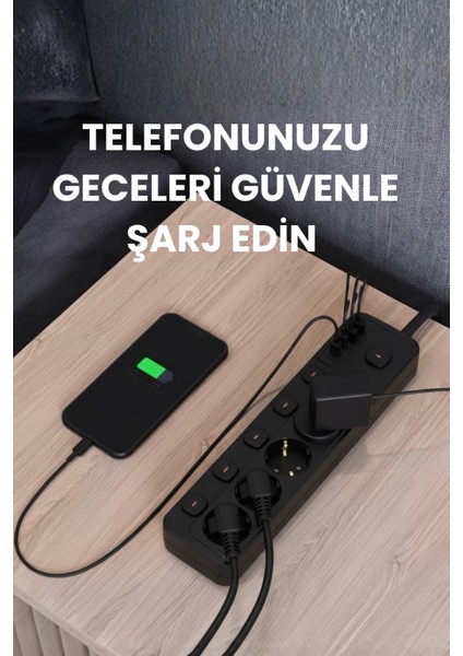 5 Priz + 4 USB (2 Type-C) Akım Korumalı Anahtarlı Uzatma Kablosu – 2 Metre indirimleri
