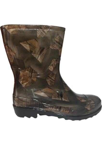 Kadın Bej 23 cm Çiçek Desenli Kısa Bahçe Yağmur Çizmesi EMKK809-420