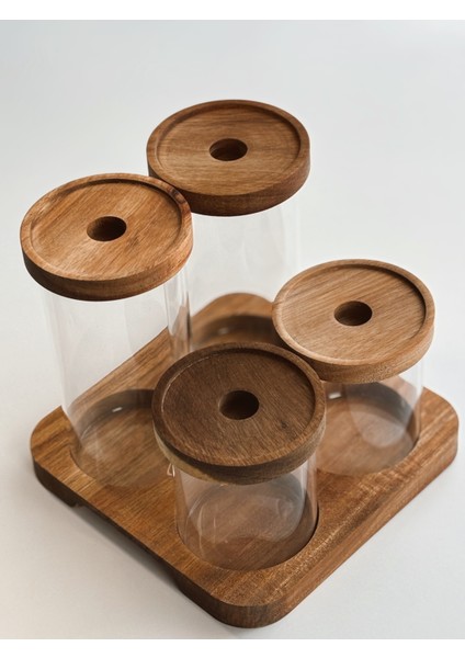 4 Parça Akasya Kapaklı Cam Baharatlık