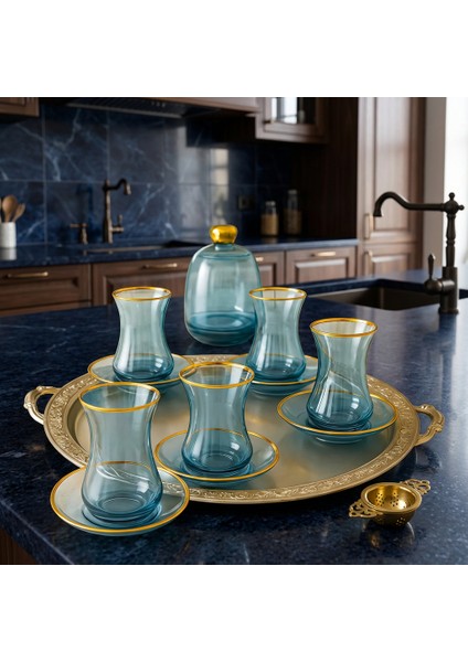13 Parça Mavi Lüster Altın Yaldızlı 6 Kişilik Cam Çay Seti ve Şekerlik Hediye