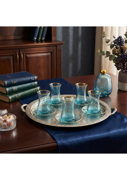 13 Parça Mavi Lüster Altın Yaldızlı 6 Kişilik Cam Çay Seti ve Şekerlik Hediye fiyatları