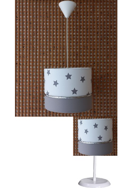 Beyaz Yıldızlı Gri 2.li Set M-735 Kumaş Kaplama Genç ve Çocuk Odası Avize ve Abajur Takımı