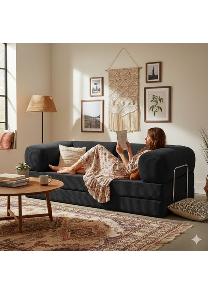 Meganest 200x100 Modern Fitilli Kadife Kanepe| Yatak Olabilen, Dayanıklı Orta Sert Sünger, Yıkanabilir Kılıf