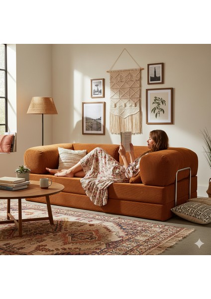 Meganest 200x100 Modern Fitilli Kadife Kanepe| Yatak Olabilen, Dayanıklı Orta Sert Sünger, Yıkanabilir Kılıf