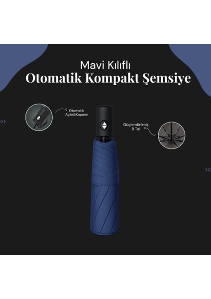Mavi Kılıflı Otomatik Kompakt Şemsiye – Su Geçirmez, 8 Telli Dayanıklı Tasarım