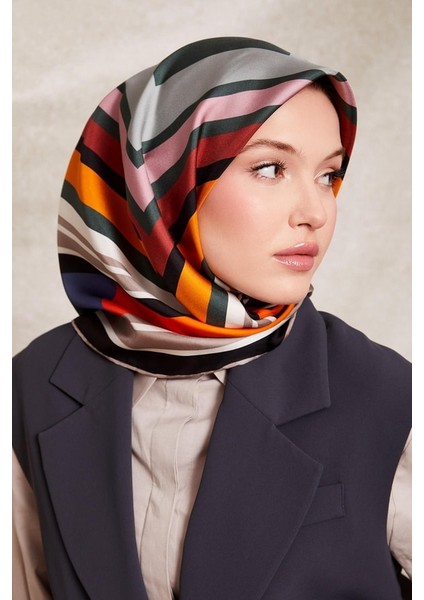 Petrol Yeşili Kare Desenli Twill Ipek EŞARP-0920