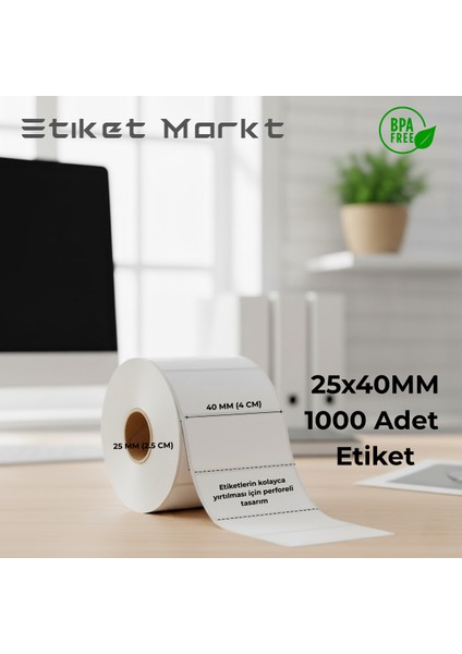 25X40 mm Termal Barkod Etiketi – 1 Rulo – (1000 Adet / Eco Termal / Yapışkanlı)
