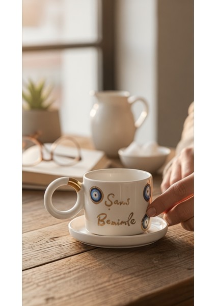 24K Altın Dekorlu "şans Benimle" Temalı Kahve Fincanı Çay Fincanı Mug modelleri