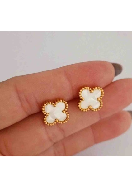 Gold Beyaz Mini Yonca Çelik Küpe