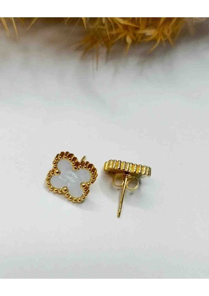 Gold Beyaz Mini Yonca Çelik Küpe modelleri