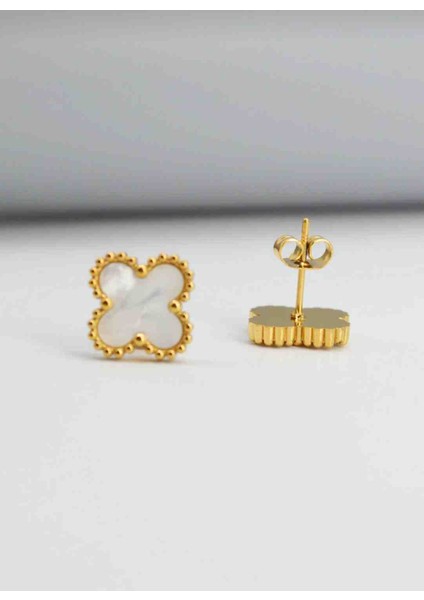 Gold Beyaz Mini Yonca Çelik Küpe fırsatları