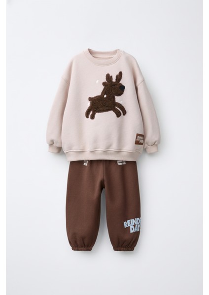 Unisex Çocuk Pamuklu Bej Geyik Aplikeli Sweatshirt & Kahverengi Eşofman Takım – Yılbaşı Özel