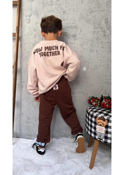 Unisex Çocuk Pamuklu Bej Geyik Aplikeli Sweatshirt & Kahverengi Eşofman Takım – Yılbaşı Özel fırsatları
