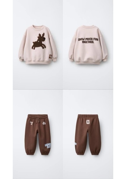 Unisex Çocuk Pamuklu Bej Geyik Aplikeli Sweatshirt & Kahverengi Eşofman Takım – Yılbaşı Özel indirimleri