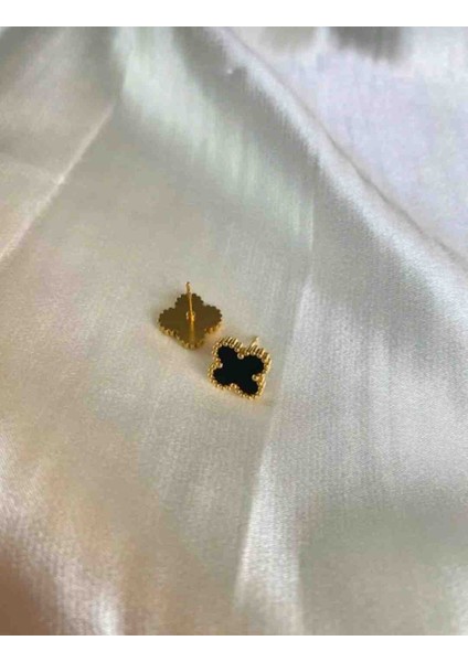 Gold Siyah Mini Yonca Çelik Küpe