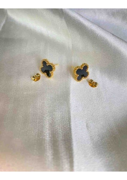 Gold Siyah Mini Yonca Çelik Küpe modelleri