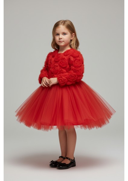 Kız Çocuk Kırmızı 3D Gül Aplikeli Tül Abiye Elbise – Özel Gün & Yılbaşı
