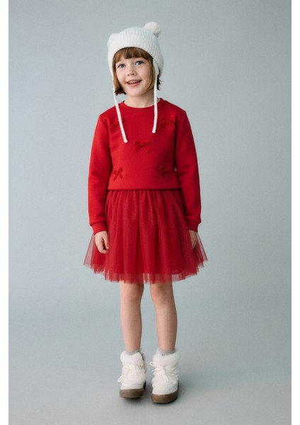 Kız Çocuk Pamuklu Kırmızı Fiyonklu Sweatshirt Tül Etek Takım – Yılbaşı ve Özel Gün Kombini