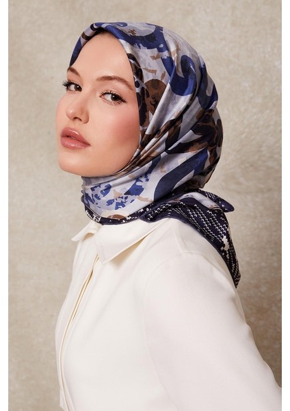 Lacivert Desenli Twill Ipek EŞARP-0918