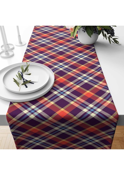 Ekose Desenli Dijital Baskı Dikişli Dikdörtgen Masa Runner