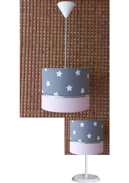Gri Yıldızlı Pembe 2.li Set M-749 Kumaş Kaplama Genç ve Çocuk Odası Avize ve Abajur Takımı