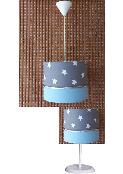 Gri Yıldızlı Mavi 2.li Set M-750 Kumaş Kaplama Genç ve Çocuk Odası Avize ve Abajur Takımı