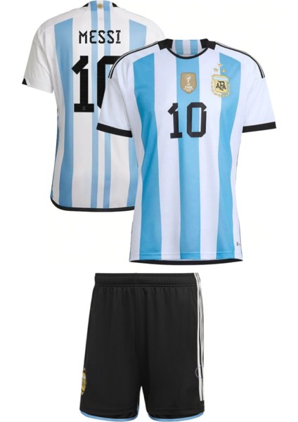 Arjantin 2023/2024 Sezon Messi Dünya Kupası 3 Yıldız Futbol Çocuk Forması 2'li Set