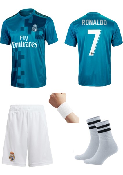 2018 Şampiyonlar Ligi Ronaldo Turkuaz Futbol Çocuk Forması 4'lü Set (Beyaz Şortlu)