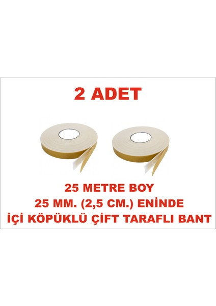 Çift Taraflı Içi Köpüklü Sarı Bant 25 M. Uzunlukta (25 Mm-2,5 Cm) Ebatında 2 Adet