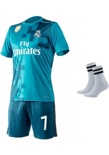 Ronaldo Real Madri'd 2018 Sezon Turkuaz Futbol Çocuk Forması 3'lü Set Çorap Hediyeli