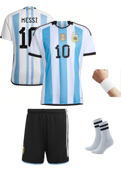 Arjantin 2023/2024 Sezon Messi Dünya Kupası 3 Yıldız Futbol Çocuk Forması 4'lü Set Çorap+Bileklik Hediyeli