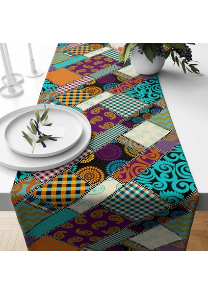 Patchwork Desenli Dijital Baskı Dikişli Dikdörtgen Masa Runner