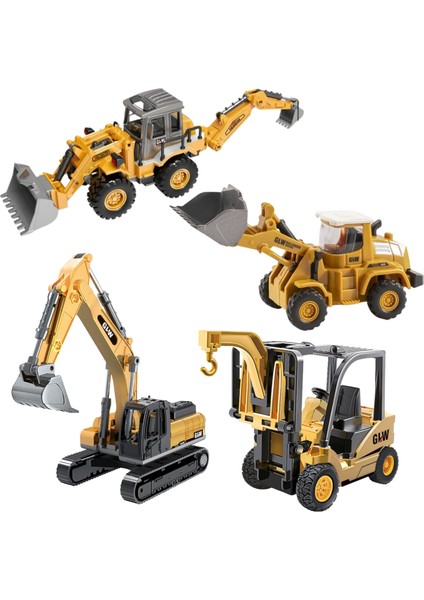 Oyuncak Kutulu Metal Başlıklı Iş Makinaları Seti Kepçe Bulldozer Forklift 4 Ü 1 Arada Set Sürtmeli Mini Inşaat Araçları