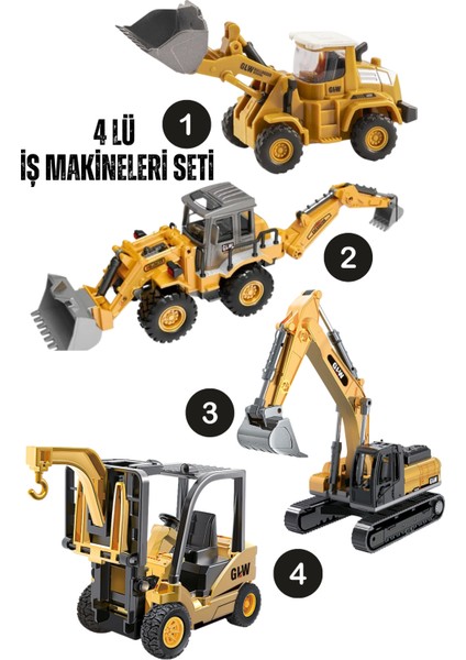 Oyuncak Kutulu Metal Başlıklı Iş Makinaları Seti Kepçe Bulldozer Forklift 4 Ü 1 Arada Set Sürtmeli Mini Inşaat Araçları fiyatları